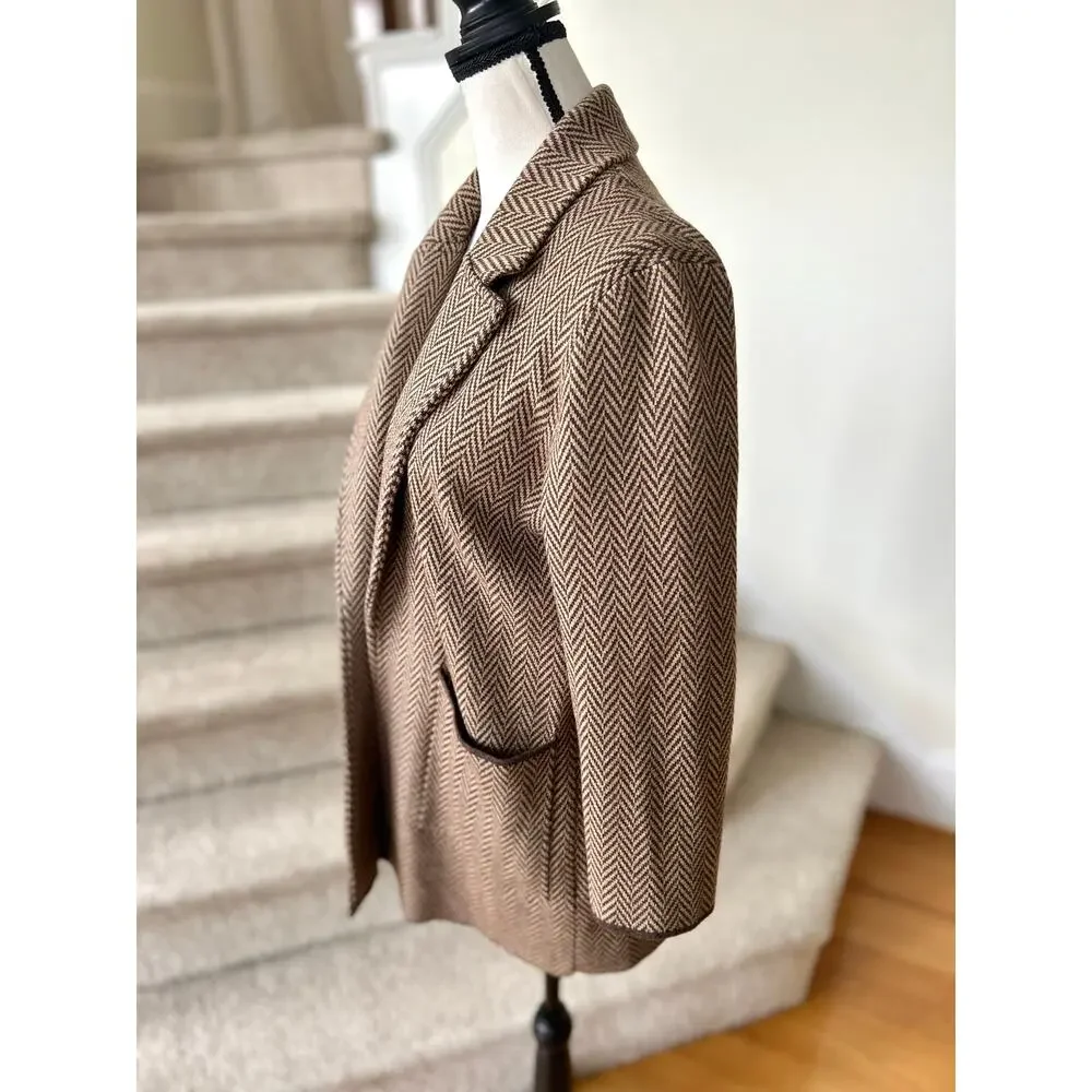 J.Crew Sophie Brown Herringbone Cotton Merino Wool Sweater Cardigan Blazer